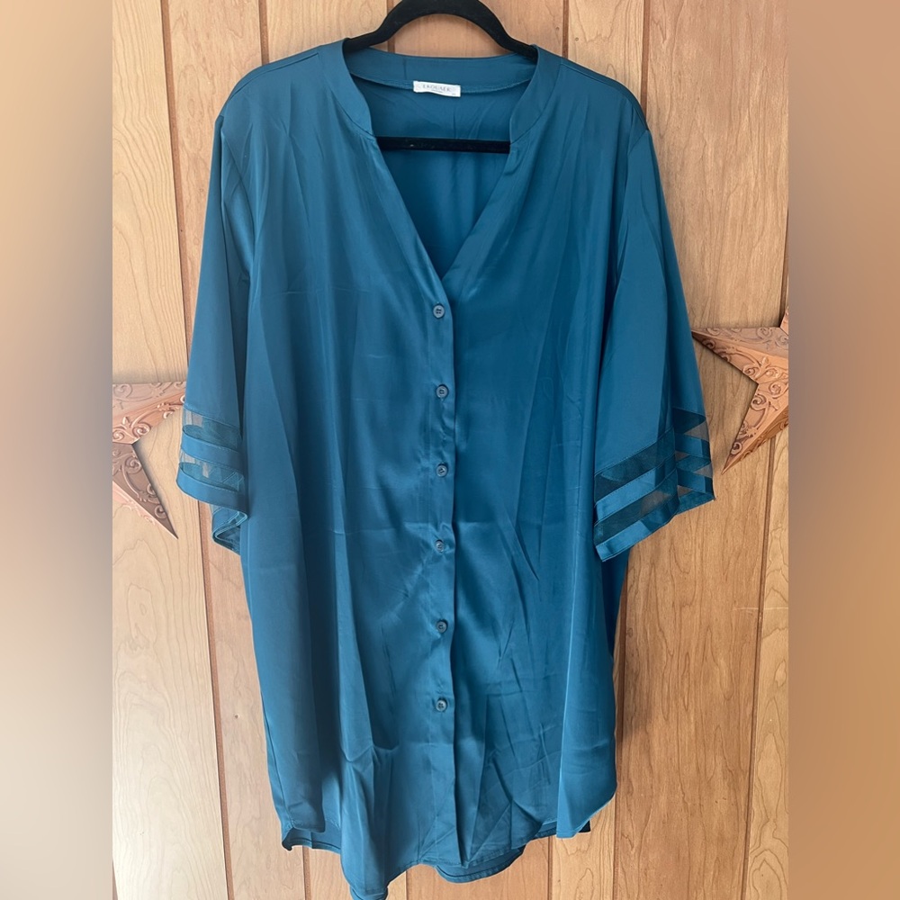 Women’s Teal Satin Button Down Robe Nightshirt Nightgown XXL LIKE NEW